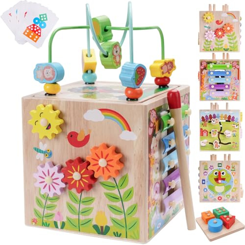 Motorikkub från 1 år | motorikleksak från 1 år | aktivitetskub, lekspel trä från 12 18 månader baby | Present till flickor pojkar | barn Montessori träleksak från 1 2 3 år (blå)