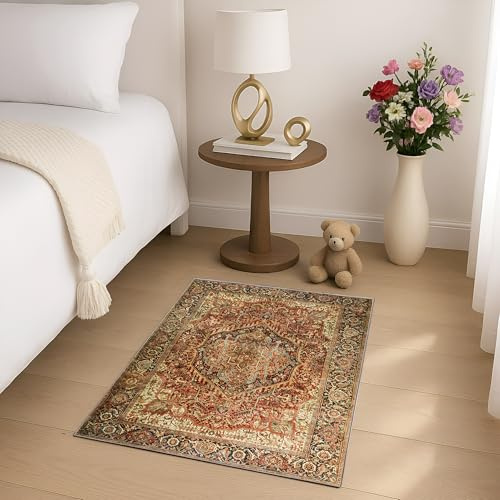BedLooms Washable Bedside Small Rug 40x60 cm Area Rugs for Bedroom Living Room – Traditional Oriental Floral Vintage Boho Cashmere Design Carpet Non Slip Entryway Door Mat, (Majestic)