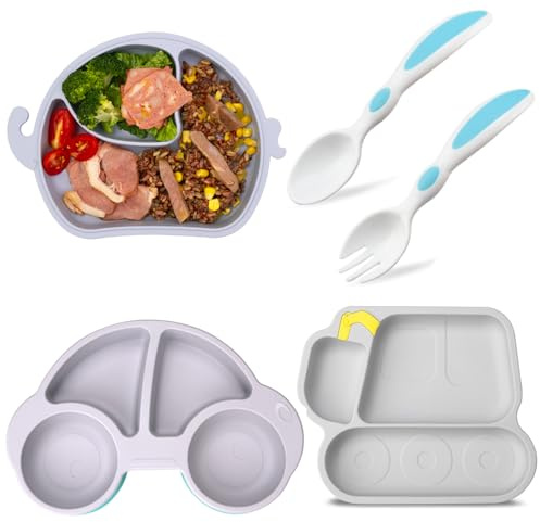Kinderteller,2 Stück Rutschfest Kinder Tischset mit Saugnäpfen,Baby Teller Kleinkind Teller mit Löffel Gabel Trinklernbecher,BPA-Frei - Spülmaschinen und Mikrowellen Fest Silikon Baby Teller