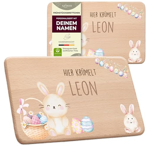 Kidsmood - Oster-Frühstücksbrettchen mit Namen – Personalisiertes Hier Krümelt Brettchen aus Holz mit niedlichem Kleiner Hase & Eiernest – Bezauberndes Ostergeschenk für Jungen & Mädchen