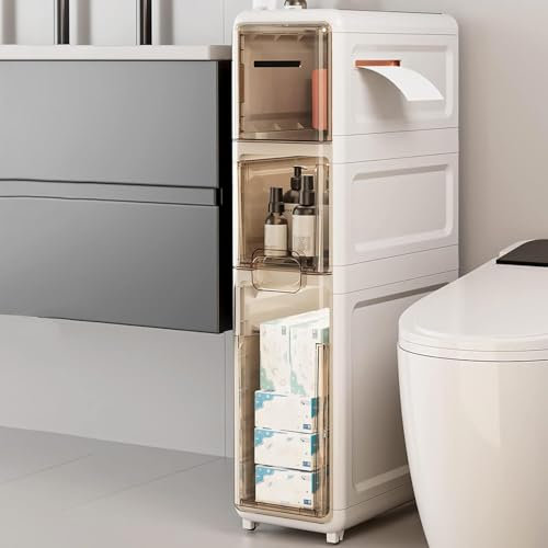 MEWVABKW Lagerschrank Toilettenseitiger Lagerschrank, schmaler Lagerschrank mit 4 Schubladen und Rollen, freistehender, schmaler Schubladen-Aufbewahrungsturm, leicht zu ziehender Griff für Waschküch