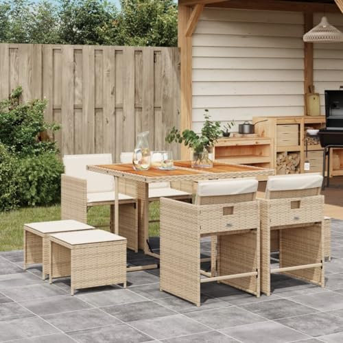 IKAYAA 9-TLG Rattan Gartenmöbel Set, Rattan Sitzgruppe für 8 Personen, Gartentisch aus Holz mit Stapelbar Stühlen & Kissens, Gartengarnitur Sitzgarnitur, Essgruppe Outdoor, Beige