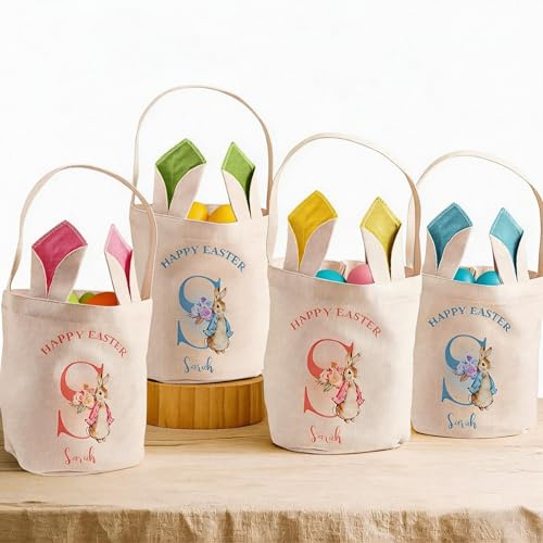 VEELU Personalised Easter Bags Bunny Basket with Name, Custom Easter Tote Egg Basket Bags Gift Baskets for Holiday Celebration Party Favors Gifts for Easter Eggs Hunt