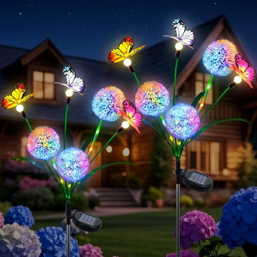 Qoosea Luces Jardin Solares Exterior, 2 Piezas Luzes Solar de Flores Diente de León,Lámpara Solar Jardín LED Con Mariposas,Impermeable Decoración para Boda Fiestas Navidad,Regalo Dia de La Madre