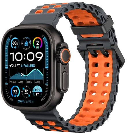 Astorgos Breathable Ocean Band Compatible with Apple Watch Ultra 3/2/1 49mm,S11/S10 46mm,9/8/7 45mm,SE3/SE2/SE/6/5/4 44mm,3/2/1 42mm, Silicone Watch Band Sport Strap, Space Grey Orange