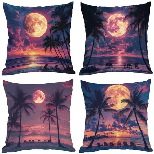 Fodere Cuscini da Esterno Impermeabili, Tramonto Federe Cuscini Divano 70x70 Quadrate Set di 4, Doppia Faccia Stampa Lino Cushion Covers Viola Cerniera Invisibile per Room Decor, Regalo Donna Z-982