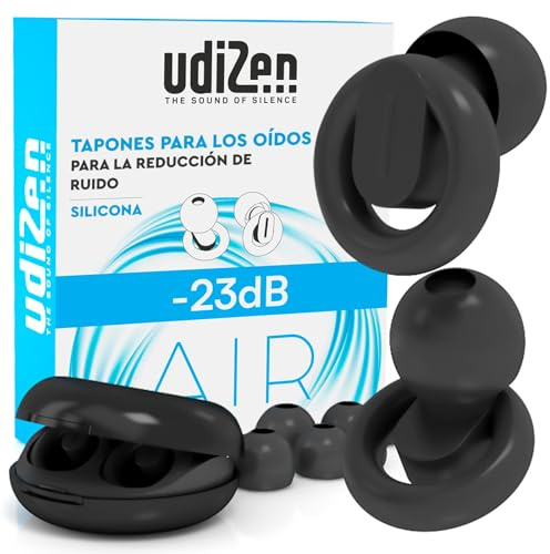 Bouchons d'oreilles Antibruit pour Voyager Dormir Étudier Protection Auditive -23dB UdiZen Air - 1 Paire de Bouchons Réutilisables Ergonomiques Réduction du Bruit SNR 23dB Couleur Noire avec Étui