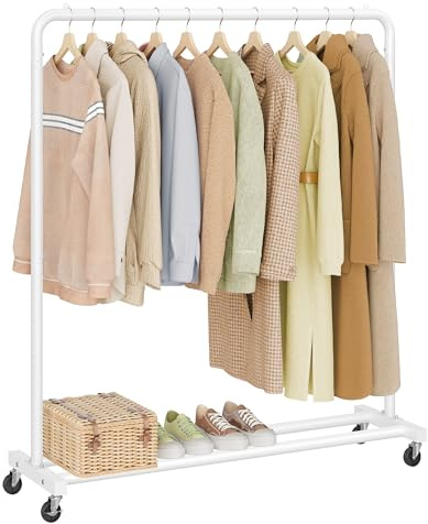 SONGMICS Kleiderständer, Kleiderstange auf Rollen, bis 50 kg belastbar | Garderobenständer, 2 Rollen mit Bremse, Schlafzimmer, mattweiß, 38 x 110 x 141,5 cm, PATAYE Kollektion HSR016WG01