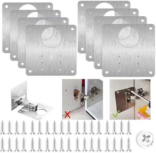 Terilamy Hinge Repair Plate for Kitchen Cupboard Doors, 8 Pcs Stainless Steel Cabinet Hinge Repair Kit with 48 Screws, Repair Plate for Wardrobe Furniture Wood Door (8 x 8 cm)