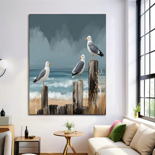 Moderne Bilder Wohnzimmer Poster 80x120cm Hochformat, Strand Landschaft Holzstapel Möwe Grau Blau Leinwand Bilder Deko, Wandbilder für Wohnzimmer Schlafzimmer Ohne Rahmen
