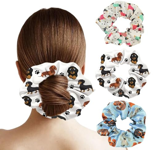 3 Stück Scrunchies Haargummi, Stoff Dackel Invisibobble Scrunchie für Damen, Elastische Crunchies Haargummi Damen für Feines Haar, Dunkles & Helles Leopardenmuster (Weiß, bunt und blau)