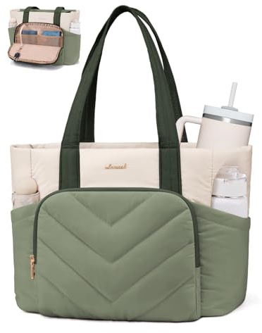 LOVEVOOK Shopper Tasche Handtasche Damen Groß, Leicht Puffer Arbeitstasche mit großem Wasserflaschenfach, 15,6 Zoll Laptoptasche Tote Bag, Lehrertasch Handbags Women für Uni Schule, Salbeigrün Beige