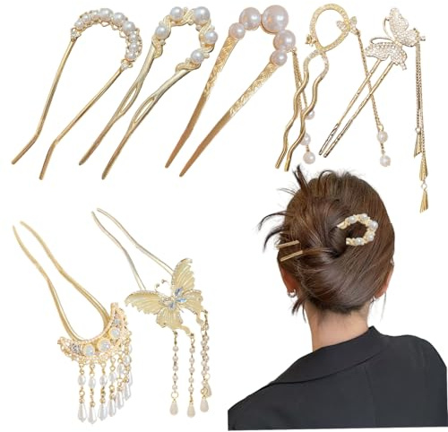 Palillos para el pelo para mujer, 7 piezas de horquillas en forma de U con flores y perlas, palillos de inspiración china vintage para accesorios largos.