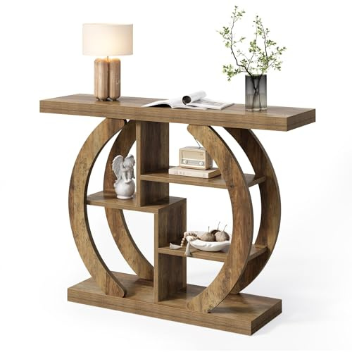 LITTLE TREE Konsolentisch schmal, 108 cm Sofatisch mit 4 Ablagen, Beistelltisch, Ausstellungstisch, Flurtisch, Metallgestell für Wohnzimmer, Flur, Eingang, vintagebraun