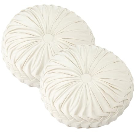 Minifactory 2pcs Washable Round Pumpkin Cushions, Soft Velvet Plush Pillows with Decorative Button, Modern Decorative Throw Pillows for Sofa, Bed, Car & Home Decor (White)