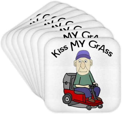 3dRose Funny Cute Old Man on Riding Lawn Mower Kiss My Grass Mowing Pun Set of 8 Coasters - Cork