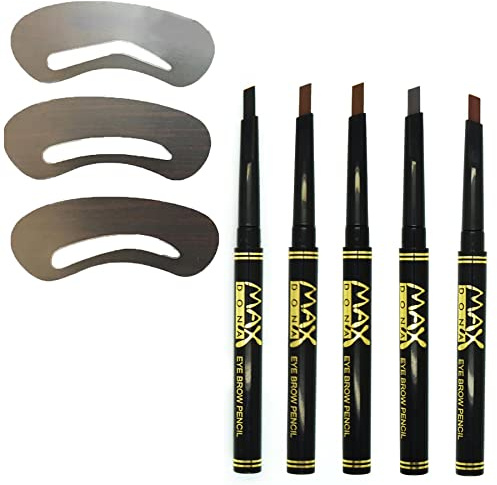 Maxdona Waterproof Retractable Long Lasting Professional Eyebrow Shaping Pencil Eye Brow Template Liner Shape Kit + 3 Stencils (Brown)
