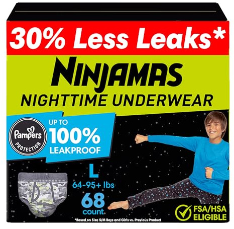 Ninjamas Boys Bedwetting Nighttime Underwear, Size L Pull Ups for Boys (64-95+ lbs), 68 Count, Training Pants, Overnight Underwear Kids, Ultra Absorbent, Hypoallergenic