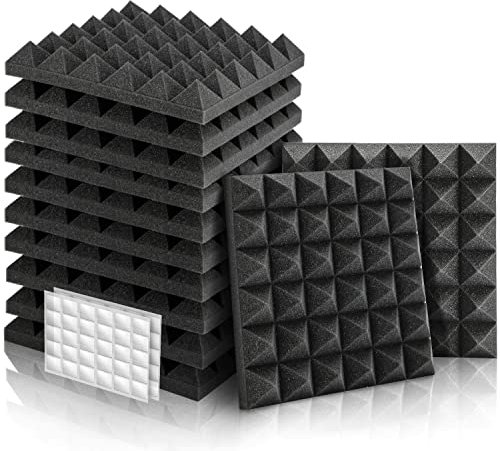 Akustikschaumstoff, 12 Stück Schaumstoff Pyramiden mit Doppelseitiger Aufkleber, 30 x 30 x 5 cm, Podcasts, Aufnahmestudios, Büros, Heimkino, Akkustikschaumstoffmatten (Schwarz)