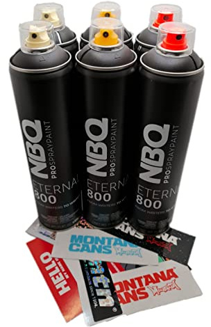 PROGAL COLORS NBQ ETERNAL - SIX BLACK PACK - (6 x NERO 600 ml + PEGATINE) NERO OPACO AD ALTA PRESSIONE E ASCIUGATURA ULTARAPIDO BOMBING GRAFFITI PERFETTO PER MANUALITÀ E DECORAZIONE