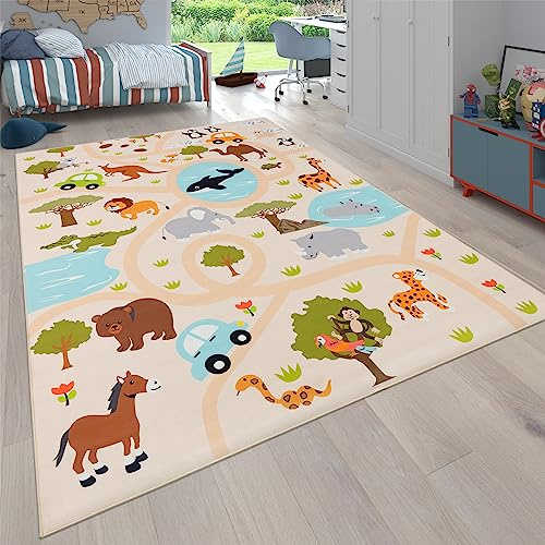 Paco Home Teppich Kinderzimmer Kinderteppich Junge Mädchen Spielteppich Dschungel Mit Affen Löwe rutschfest Modern Creme Grün Gelb, Grösse:160x220 cm