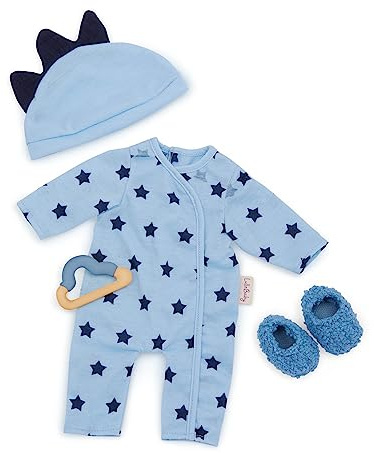 LullaBaby LBY7643Z dockkläder för 36 cm dockor – pyjamas sparkdräkt – mössa, bitring, fluffiga tofflor – babydocktillbehör – leksak för barn från 2 år – blå stjärnor, multi
