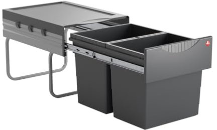 Hailo Abfallsammler 3641521 | Raumspar-Tandem 2x 18 Liter | ab 40cm Schrank mit Drehtür | 346 x 475 x 336 mm | Kunststoffteile dunkelgrau | Metallteile silber | einfache Montage
