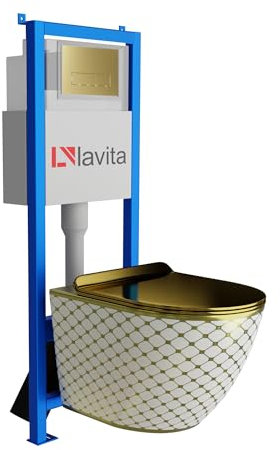 Lavita LAV 101 Élément mural WC 40 cm + évier mural SOFI SLIM CHECKED GOLD sans bord + panneau de commande LAV 200.3.5 Gold | Kit complet | Réservoir de chasse encastré