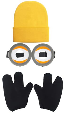 TANTAKO 3 Pcs Erwachsene Halloween DIY Kostüm Zubehör mit Gelb Beanie, Drei Fingern Handschuhe und Schutzbrille