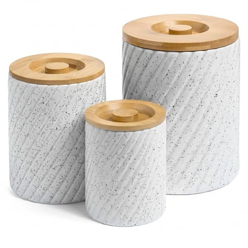 Gennua Kitchen Ceramic Canister Set for Kitchen Countertop & Pantry – 3 Airtight Food Storage Containers for Flour, Sugar & More – Durable White Ceramic with Bamboo Lids