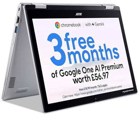 Acer Chromebook Spin 312 CP312-1H Convertible Laptop - Intel N100, 4GB, 64GB eMMC, Integrated Graphics, 12.2 WUXGA Touchscreen, Google Chrome OS, Silver