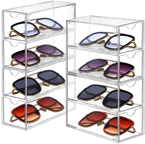 Solglasögon förvaring av akryl med 8 lådor transparent | Stapelbar glasögonlåda solglasögon arrangör, glasögonförvaring för glasögon klockor kosmetika smycken läppstift nagellack