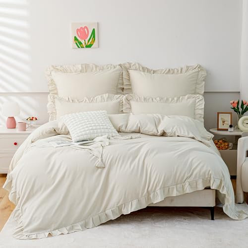 TOCOMOA Rüschen Bettwäsche 135x200 4teilig für Mädchen, Aesthetic Bettwäsche-Sets Mikrofaser, Öko-Tex Zertifiziert, Weich Beige Bettbezug mit Reißverschluss, Kopfkissenbezug 80x80cm