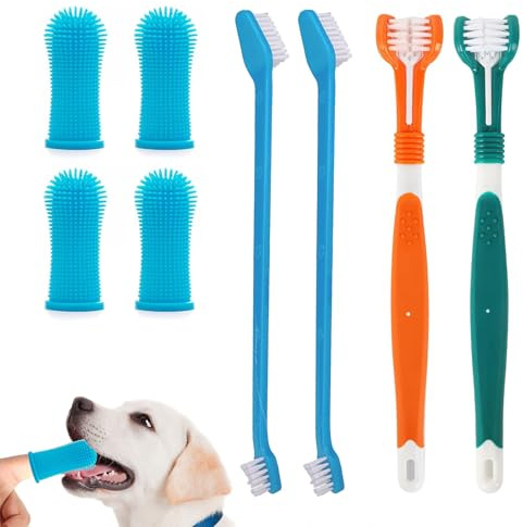 8 Pcs Dog Toothbrush Set,4 Pet Finger Toothbrushes with 2 Dual-Dead Toothbrush and 2 Triple Heads Dog Toothbrushes,360°Silicone Pet FingerToothbrush for Small Medium,DogOral Hygiene Deep Clean
