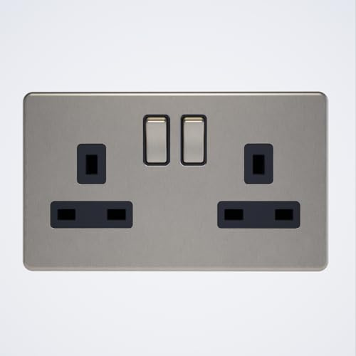 Caradok - The Flat - Screwless 13A 2G DP Switched Socket Metal Brushed Chrome With Black Inserts