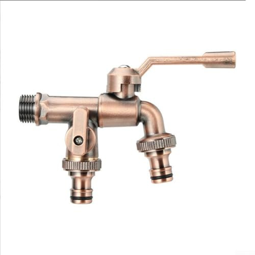 Besttoolifes Robinet de jardin avec robinet d'eau rouge/laiton de 1,27 cm et robinet de sortie de 2 x 1,9 cm, robinet à boisseau sphérique, robinet extérieur double robinet d'extérieur (bronze rouge)