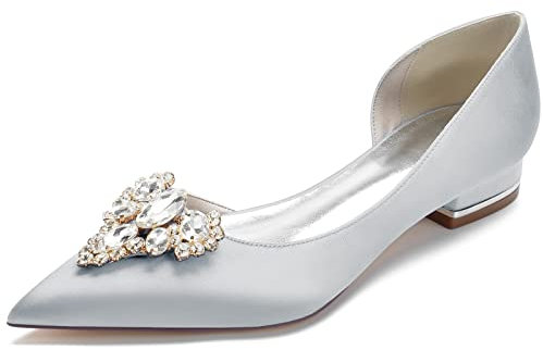 HFWXYSA Zapatos De Novia De Satén De Punta Puntiaguda para Mujer con Diamantes De Imitación Sin Cordones Bailarina,Plata,40 EU