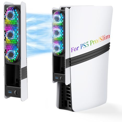 JDGPOKOO Ventilateur de refroidissement RGB PS5 Slim/Pro, système de refroidissement automatique pour PS5 Pro/Slim, ventilateur de refroidissement silencieux avec 3 ventilateurs/3 vitesses/port USB