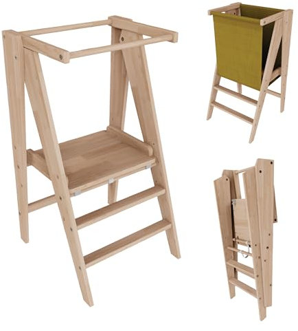 VILHA Lernturm Montessori Platzsparend und höhenverstellbar aus Holz für Kinder ab 1 Jahr (Klappbar) Learning Tower, Tritthocker, Kinderturm, Schemel für Kinder Graphit/Natur (Natur)