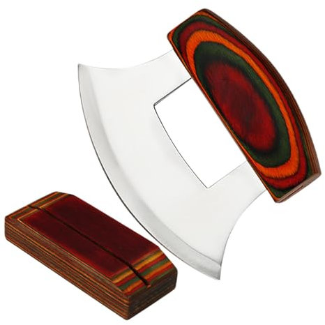 Alaskan-Ulu-Schneider, , cortador de acero inoxidable con mango ergonómico, cortador de pizza, cortador de ensalada, cuchillo de pesaje para hierbas, cuchillo de cocina con soporte de madera