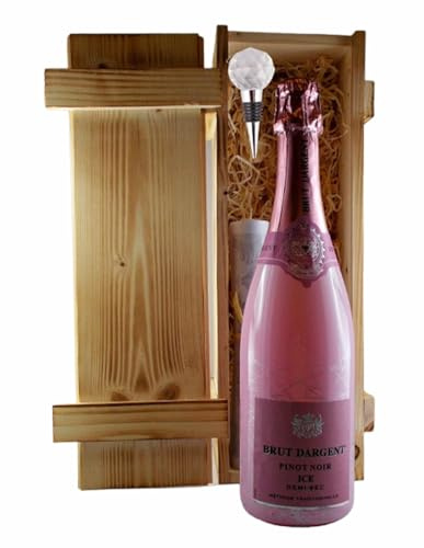 Brut Dargent Pinot Noir ICE Demi-Sec + Flaschenverschluß Geschenk in geflammter Holzkiste Geschenkset Frauengeschenke Männergeschenke Premium Sekt