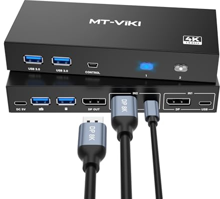MT-VIKI 8K Displayport KVM Switch 2 in 1 Out DP1.4 with 4 USB 3.0 Ports, Support 8K@60Hz 4K@144Hz Share 1 Monitor Keyboard Mouse U-Disk Printer, with 2 USB A to C Cables