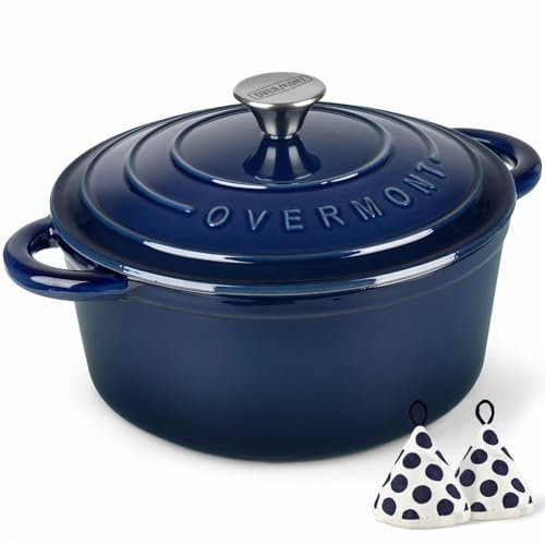 Overmont Casseruola in Ghisa Smaltata - Antiaderente Forno Olandese con Coperchio - Ø26 cm Rotonda Cocotte per Adatto a Piani di Cottura e Forni a Induzione - Blu indaco