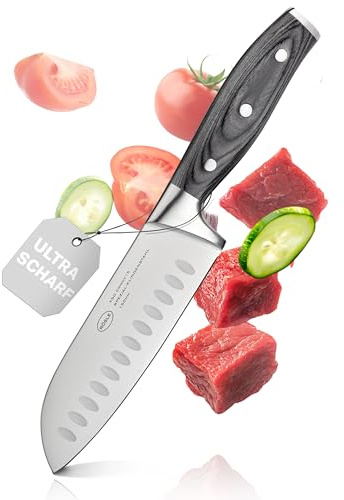 RÖSLE Santokumesser WOLFGREY 15 cm, Allzweckmesser mit Kullenschliff | Extra scharfe Klinge aus X50CrMoV15-Stahl, verhindert Anhaften, Pakkaholzgriff, ideal für Fleisch, Fisch und Kräuter