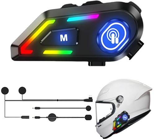 flintronic Motorcykel hjälmhögtalare, motorcykelheadset med mjuk/hård mikrofon, med CVC och DSP dubbel brusreducering, IPX6 vattentät, coola RGB-bländande lampor, automatiskt svar för skidåkning