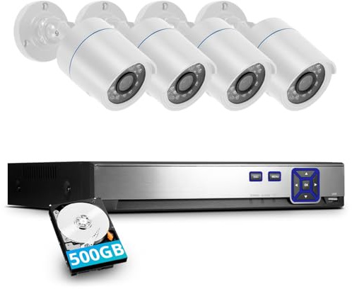 4 Channel Security Camera DVR System H.265+ Surveillance DVR Recorder with 4pcs Surveillance Cameras with Human Detection, Mobile APP & PC Remote, Smart Playback Pre-Installed 500GB Hard Drive
