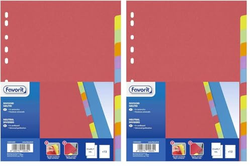 Favorit 100204882 Universal-Register für Ringbücher mit 12 farbigen neutralen Einlagen, personalisierbar, Innenformat A4, 225 g/m² (Packung mit 2)