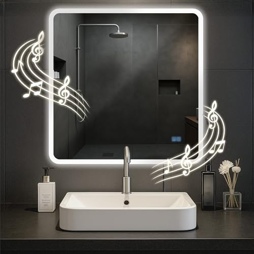 CLP Badspiegel Jericho mit Beleuchtung, Bluetooth-Lautsprecher, Anti-Beschlag Badezimmerspiegel, Wandspiegel LED dimmbar, 3 Licht-Modi, Größe:80x80 cm