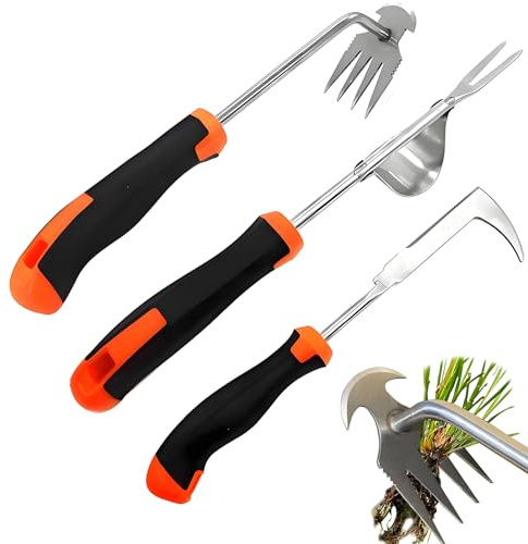 Uppsättning av 3 ogrässkärare, rostfritt stål, ogräsborttagare, maskrosborttagare, fogskrapa för ogräs, omplantering, jordlössning, ogräs, rotskärare, trädgårdsverktyg med handtag