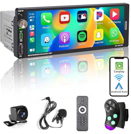 Hengweili Autoradio 1Din mit Bluetooth 6.9 Zoll Bildschirm Kompatibel mit Wireless Apple CarPlay/Android Auto 2,1A Schnelladegerät Typ-C USB Rückfahrkamera FM/RDS Radio